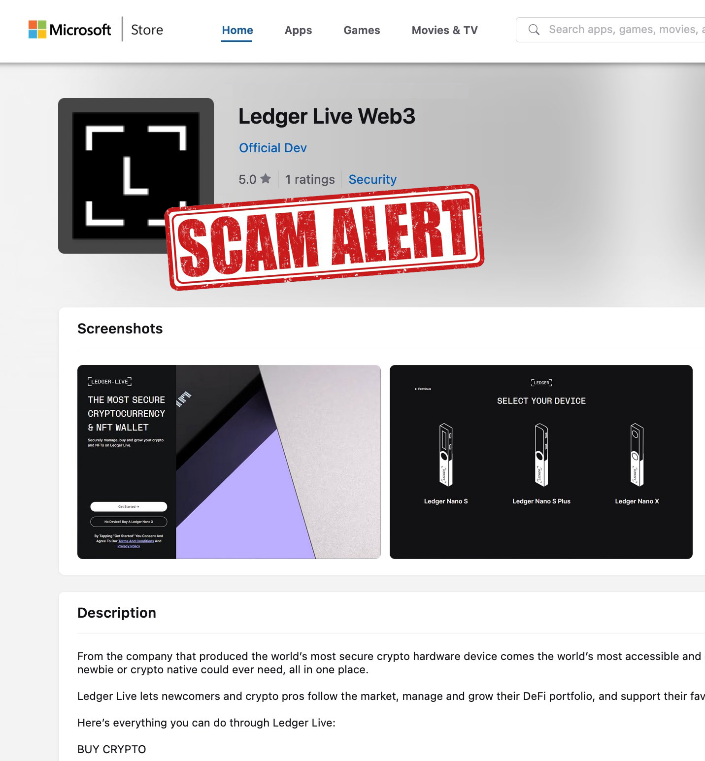 Fake Ledger Live app on the Microsoft Store with developer listed as “Official Dev”