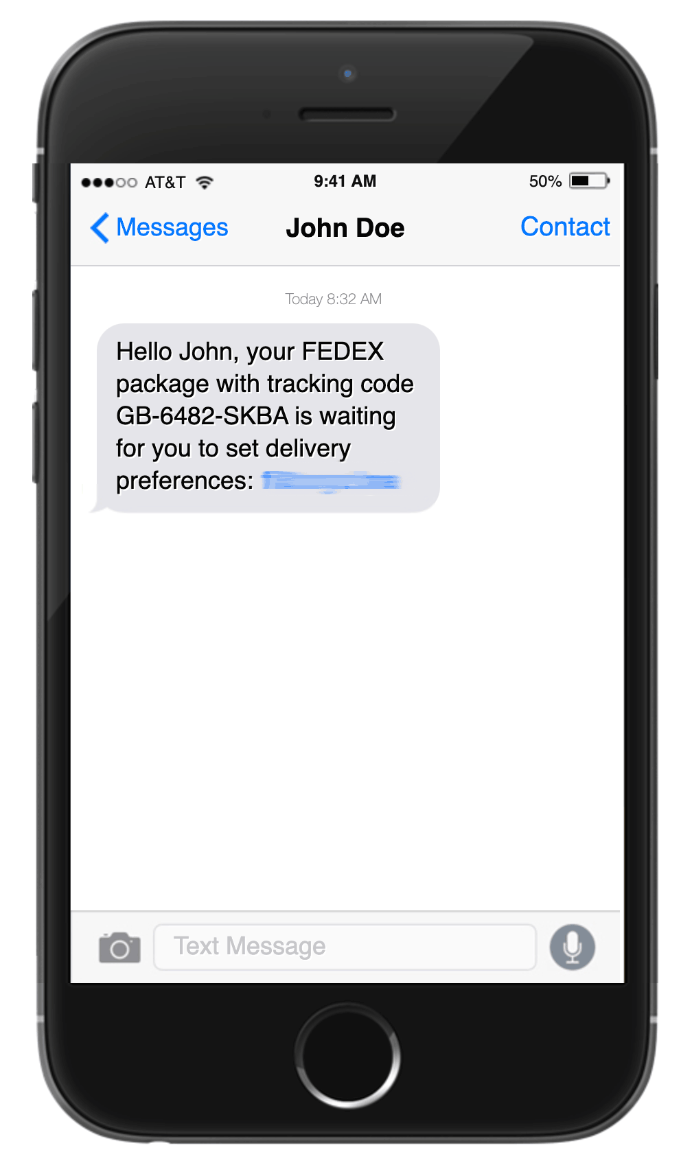 Example of fake package delivery text scam