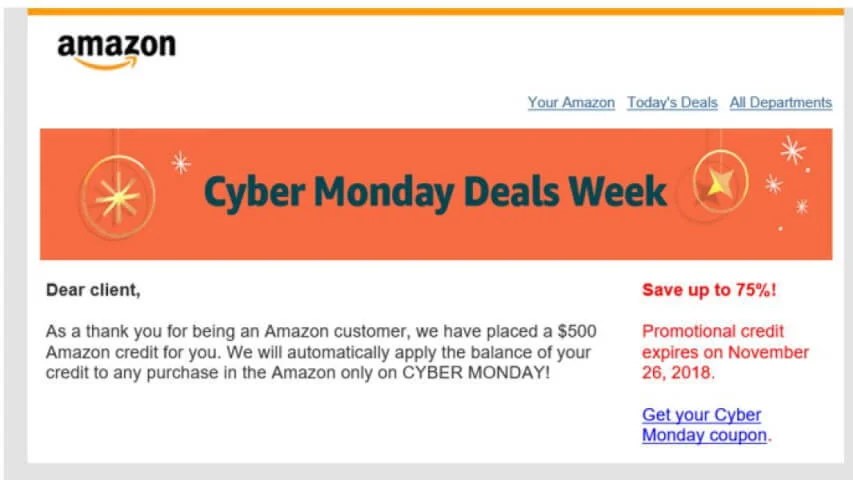 Example of fake promotional email