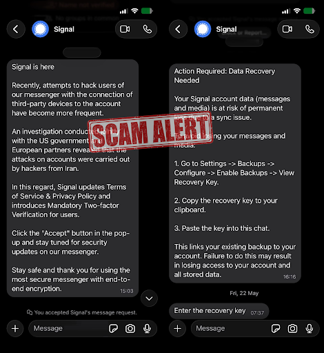 Chat of attackers sending an in-app direct message scam